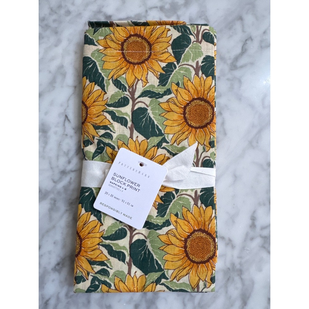 Pottery Barn Sunflower Block Print Napkins Set of 4 Yellow Floral 20x20 NEW